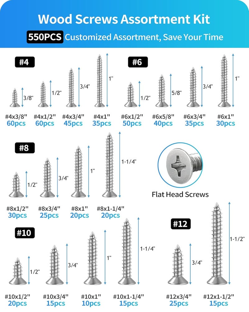 DIVANC 550Pcs 304 Stainless Steel Wood Screws Assortment Kit, Phillips Flat Head Sheet Metal Screw Self Tapping Screws Set, #4#6#8#10#12 Wood Assorted Screws, Length 1/4" to 1-1/2" (Flat Head 550PCS) - Image 2